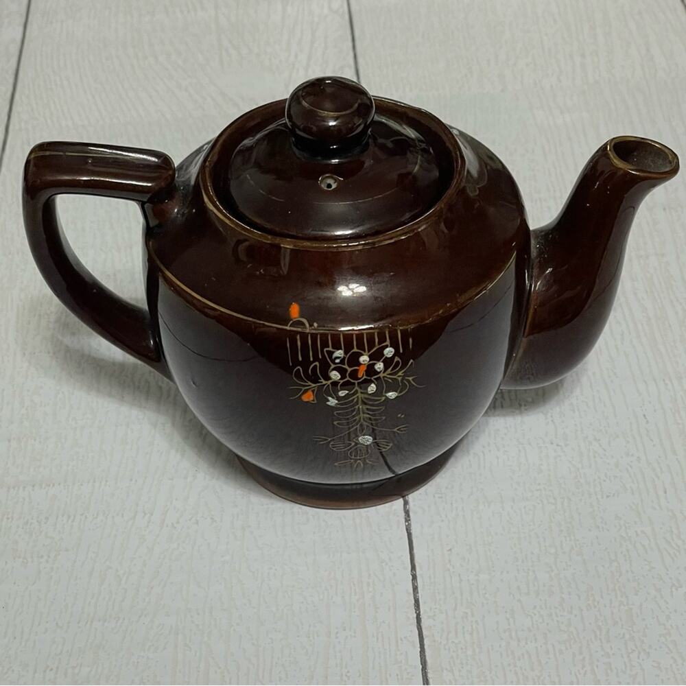 Vintage Hand Painted Japan Brown Floral Ceramic Teapot